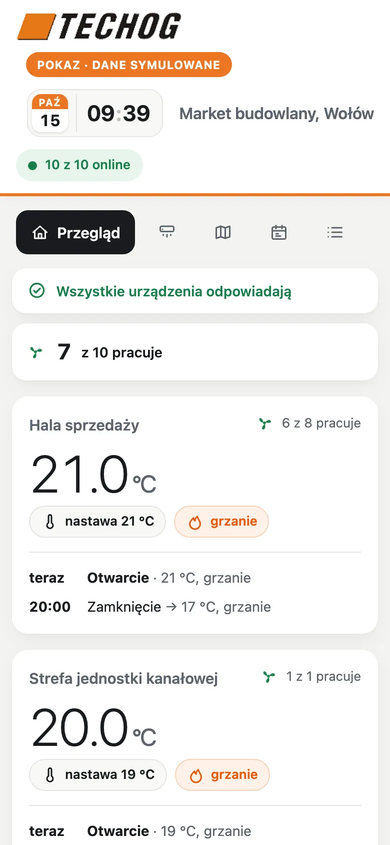 Ten sam panel na telefonie: stan urządzeń i temperatura w strefach